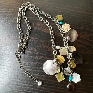 Chico's Multi Charm Shell Cluster Necklace Antique Brass Tone Statement Boho